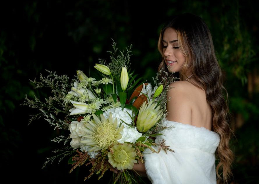 Model with Classic White "Unconditional Love" bouquet - Rear shot