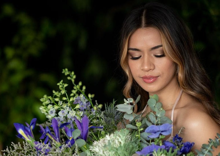 Model with Blue "Unconditional Love" bouquet - Close Up