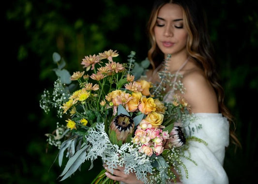 Model with Honey Orange "Unconditional Love" bouquet