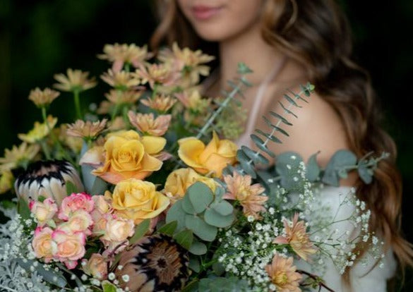 Model with Honey Orange "Unconditional Love" bouquet - Close up of model