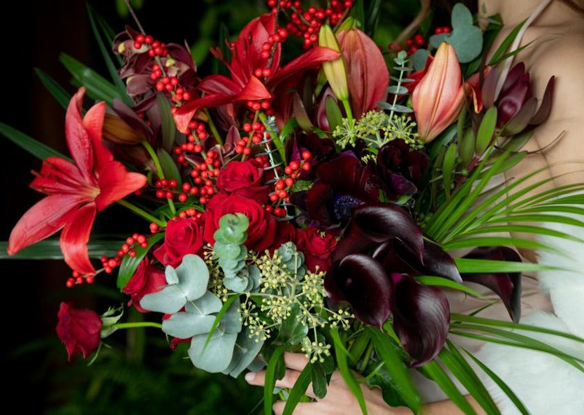 Model with Red "Unconditional Love" bouquet - Close up of bouquet