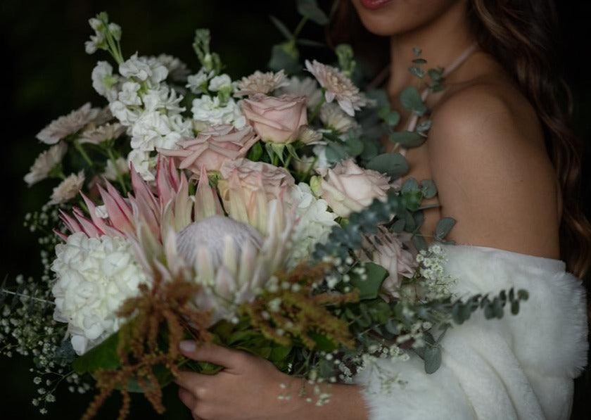 Model with Blush Pink "Unconditional Love" bouquet - Close up