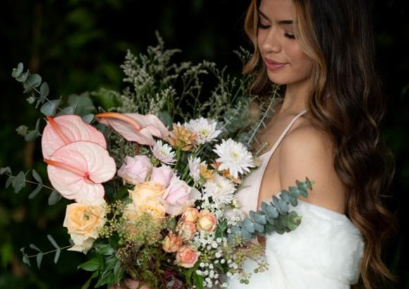 Model with Pastels "Unconditional Love" bouquet - Close up of bouquet and model
