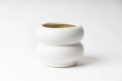 Curved cylinder shape pot is watertight and fully glazed with a matte finish.    Dimensions:  Small - 16.2 dia. x 11cm h   Internal dia - 12cm