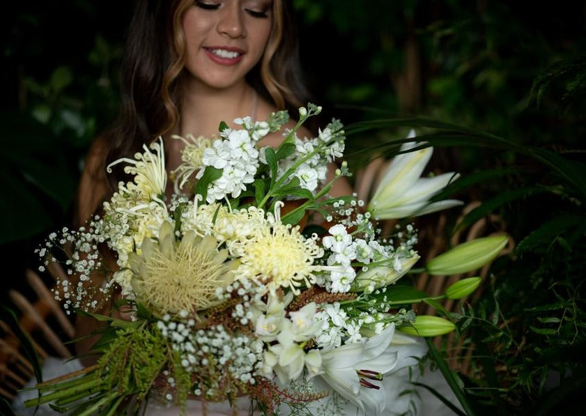 Model with Yellow "Unconditional Love" bouquet - Close up of bouquet and model