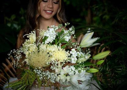 Model with Yellow "Unconditional Love" bouquet - Close up of bouquet and model