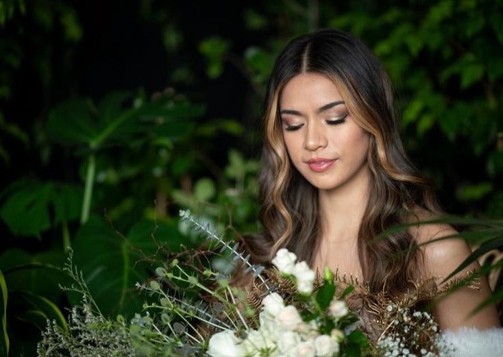 Model with Vintage White "Unconditional Love" bouquet - Close up of model