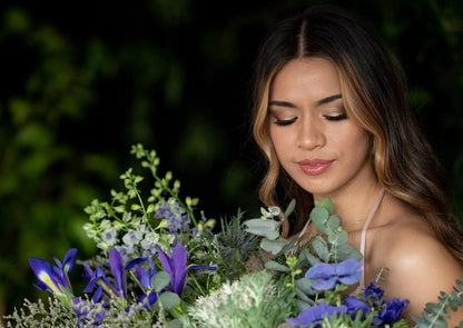 Model with Blue "Unconditional Love" bouquet - Close Up