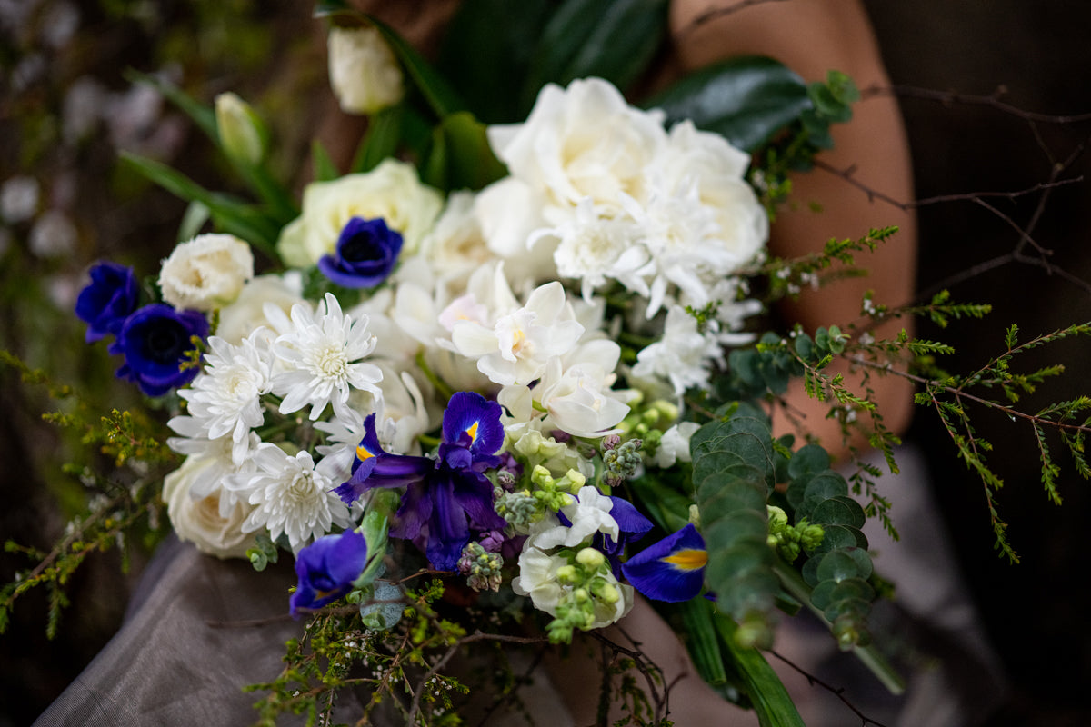 Unconditional Love bouquet pictured in Blue and White hues.