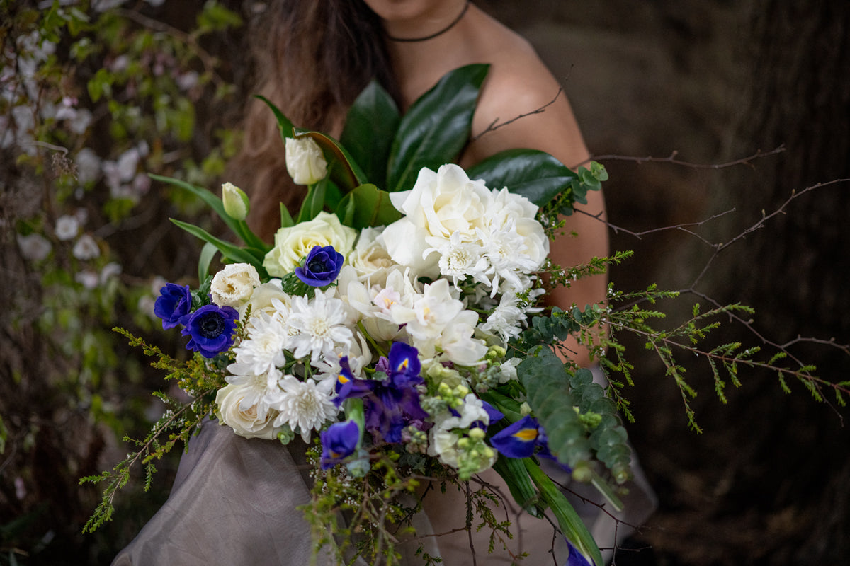 Unconditional Love bouquet pictured in Blue and White hues.